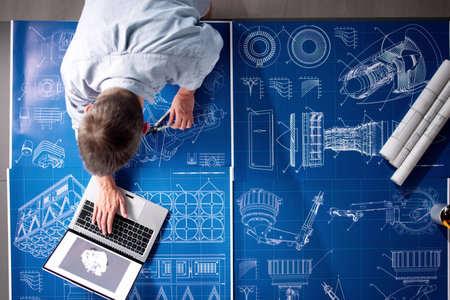 Design Industry And Development. Machine Blueprint At Factory. Scheme Documentの写真素材