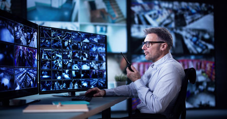 Male Security Guard Talking On Walkie-talkie While Monitoring Multiple CCTV Footage On Computer