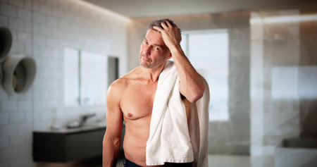 Happy Man Doing Hair Care Looking At Mirror
