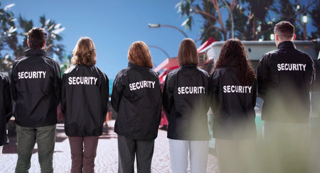 African American security officer walks with his diverse team at event service.
