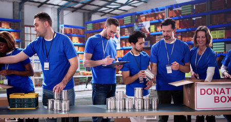 Diverse Group Packs Boxes at Nonprofit Food Bank, Aid Communityの写真素材
