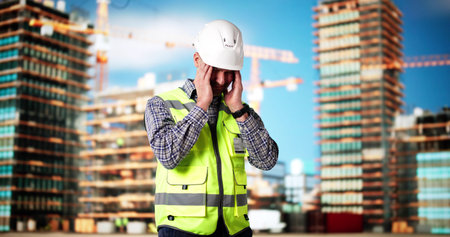 Upset Sad Construction Worker. Unhappy Foreman Contractor