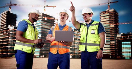 Diverse Group of Architects and Engineers Meeting on Construction Site.