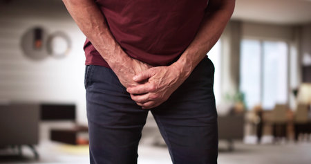 Bowel Incontinence Pain. Man Hand Holding Crotchの写真素材