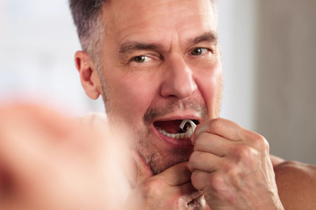 Close-up Of A Man's Hand Cleaning Teeth With Dental Floss