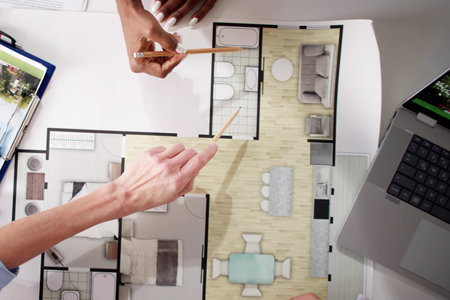 Top Real Estate Consultant Presents Apartment Blueprint to Diverse Coupleの写真素材