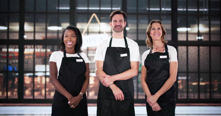 Portrait of restaurant manager and happy coffee shop workers serving.