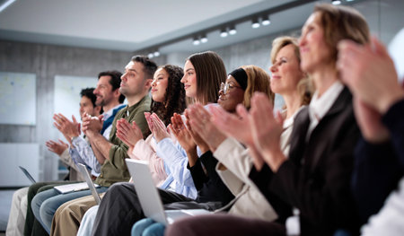 Smartly dressed audience of diverse business professionals applauding at seminar.の写真素材