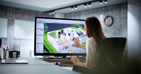 Architect analyzing house floor plan, woman renovating real estate property.の写真素材