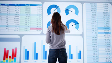 Woman analyzing big data on computer screen for financial reporting.の写真素材
