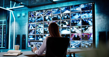 Woman Examining CCTV Camera Footage in Business Office Security Room.の写真素材