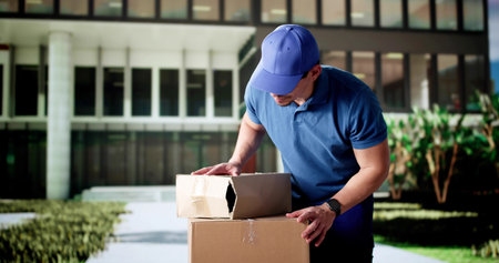 Fragile Shipment Box Suffers Damage During Delivery Attempt. Mailman.の写真素材