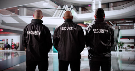 Security Officers Standing In Mall, Guarding Shops, Securing Events, Protecting.の写真素材