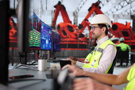 Diverse team in automotive car factory using SCADA system for production.の写真素材