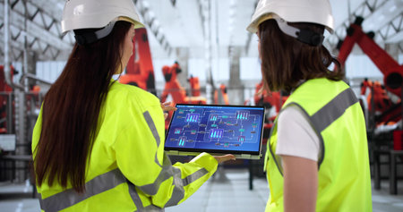 Young female technician inspects vehicle on car factory assembly line.