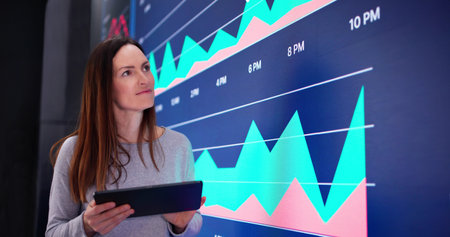 The young female businesswoman conducts advanced AI data research online.