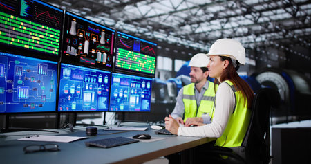 Man and woman controlling electricity generation in power plant using SCADA system.の写真素材