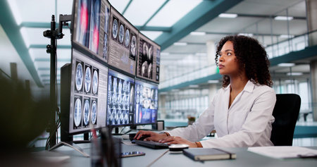 Doctor Looking At Xray Images Using Computer Softwareの写真素材