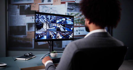 Intense African-American Detective Analyzing CCTV Camera Footage Online Late at Night.