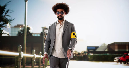Young black man with vision impairment walks confidently with cane.