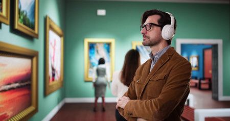 young man with headphones walks through a museum gallery viewing ancient artifacts and listening to...