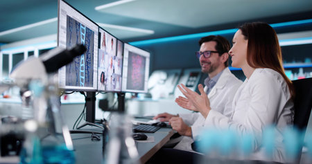 Doctors use video conference to discuss lab results in webinar.