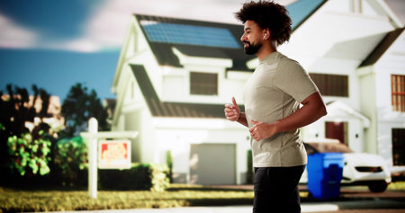 African American athlete sprints along city street in workout gear.の写真素材