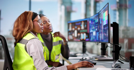 Analyzing Data on Computers, a Young Black Female Engineer Works