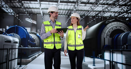 Osha Inspectors utilize tablet for electricity inspection at the plant.  Automated engineer monitors...