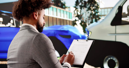 African American Insurance Agent Inspects Car Damage After Accidentの写真素材