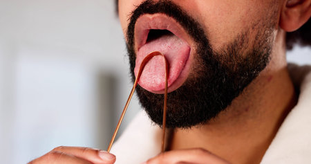 African American man using a tongue scraper for dental hygiene.の写真素材