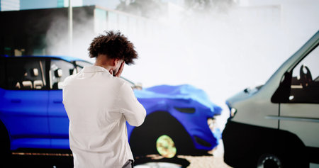 Man calling insurance after auto accident - young businessman in distress.の写真素材