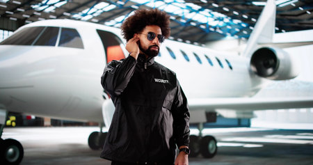 Confident Security Guard Walks By Private Jet Of Famous Celebrity.