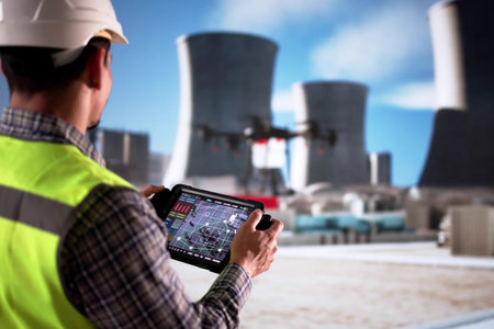 Observing With A Camera, A Technician Inspects Oil Refinery Pipes Using Droneの写真素材