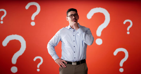 Lost Business Man And Question Marks. Employee Choosing Career