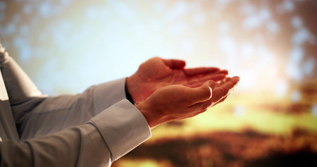 Morning Prayer In Sunlight: Christian Worshiper Starts Hopeful New Year.の写真素材
