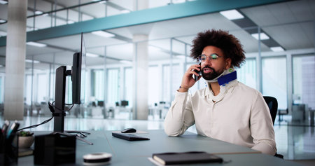 Office Worker Making Compensation Call for Broken Arm Coverageの写真素材