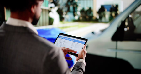 Black insurance agent inspects car crash damage for accident claim.の写真素材