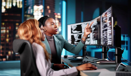 Young African American woman coding on office computer late at night.