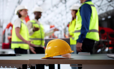 Engineering Worker Wearing A Plastic Hard Hat On Industrial Jobの写真素材