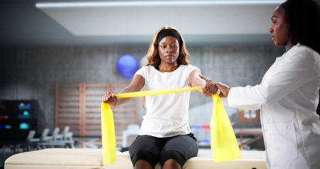 African American woman doing shoulder exercises with physiotherapy bands for rehabilitation.   Young...