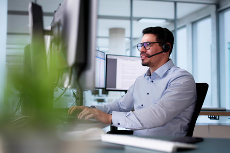 Happy Customer Support Specialist In Call Center Providing Excellent Service To Clients Over The...