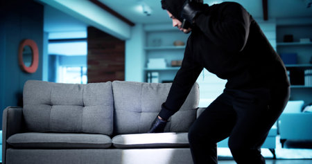 House Robbery With Flashlight. Criminal Robber Thief Stealing Laptopの写真素材