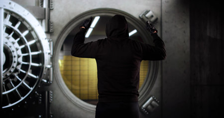 Bank Robber Celebration Success With Arms Raised Standing In Front Of Open Bank Vault Door