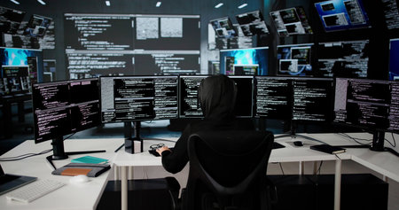 Mysterious Woman In Hoodie Hacking Secure Data On Computerの写真素材
