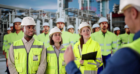 Oil Refinery Engineers Receive Safety Training In Industrial Chemical Plant.