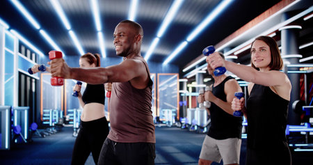 Muscular Athlete Punching Heavy Bag In Diverse Boxing Fitness Class.の写真素材