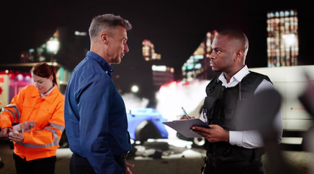 Emergency Response: Police And Witness At Car Crash Scene