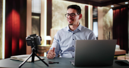 Travel Influencer In Hotel Room. Happy Man Streaming On Cameraの写真素材