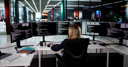 Stressed Female Programmer Struggles To Code Software On Computer Screen.の写真素材